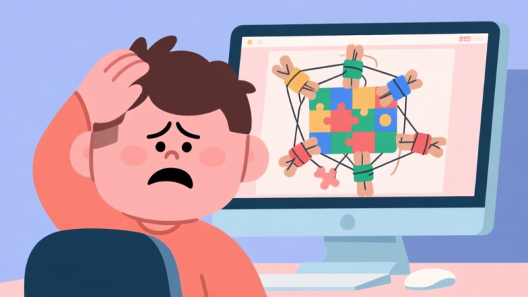 自动生成图片: A frustrated cartoon character scratching head in front of a chaotic ragdoll physics puzzle on a computer screen, soft pastel colors, flat illustration style high quality illustration, detailed, 16:9
