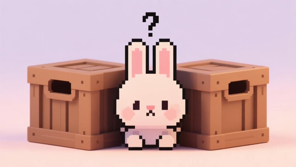 A cute, stylized pixel-art bunny looking confused, trapped between two simple brown crates against a soft pastel background, with a subtle question mark above its head high quality illustration, detailed, 16:9