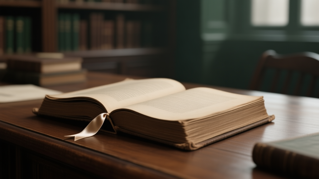 A close-up view of a mysterious, old book with a silk ribbon bookmark lying on a wooden library desk, soft ambient light, muted colors of brown, beige, and dark green high quality illustration, detailed, 16:9