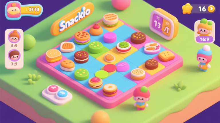 自动生成图片: A vibrant, isometric game UI screenshot showing a colorful Snackio game board with various food tiles, score counters, and player avatars, in a cute cartoon style with soft shadows high quality illustration, detailed, 16:9