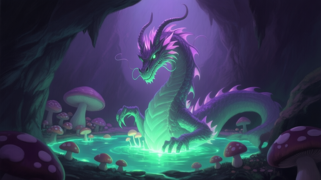 A towering, bioluminescent fungal dragon creature emerging from a glowing mushroom pool in a dark cave, soft purple and green color palette, painterly style high quality illustration, detailed, 16:9