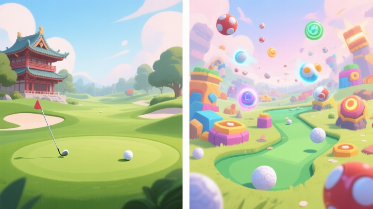 自动生成图片: A split-screen illustration showing a serene traditional golf green on one side and a chaotic, colorful battle golf course with obstacles, power-ups, and multiple balls in flight on the other, using a soft pastel color palette high quality illustration, detailed, 16:9