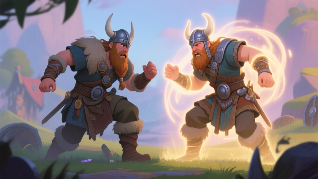 Two contrasting Viking duos in a stylized game scene, one duo mismatched and struggling, the other perfectly synergized and glowing with coordinated auras, soft fantasy color palette high quality illustration, detailed, 16:9