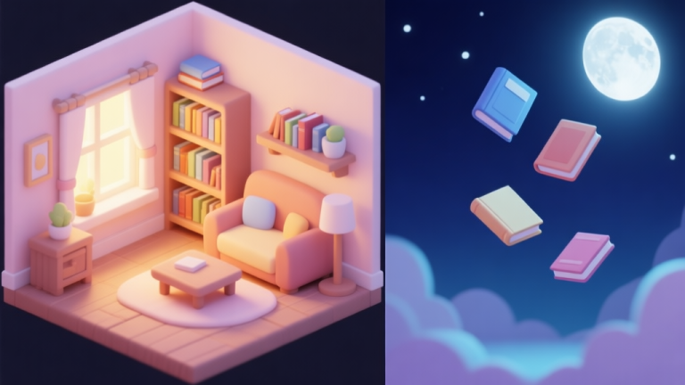自动生成图片: A split-screen game scene showing two contrasting versions of the same cozy room, one in warm daylight with books on a shelf, the other in cool moonlight with the same books floating mid-air, soft pastel color palette, isometric view high quality illustration, detailed, 16:9