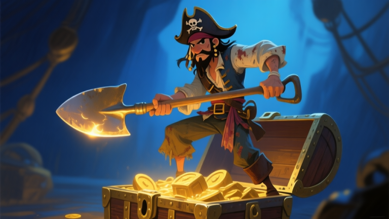 自动生成图片: A stylized, slightly worn pirate character holding a glowing shovel in a defensive stance, standing on a treasure chest. Soft, ambient lighting with deep blues and gold accents, painterly style high quality illustration, detailed, 16:9