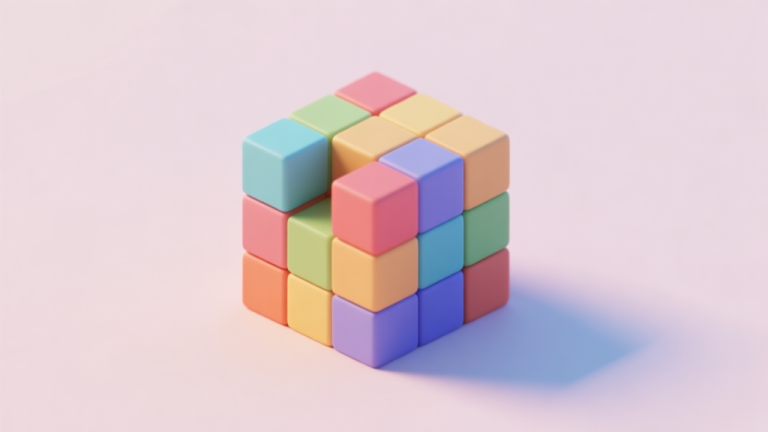 自动生成图片: A calming, minimalist 3D render of colorful geometric blocks (Cubies) partially solved in a satisfying arrangement, resting on a soft pastel background, isometric view, soft shadows high quality illustration, detailed, 16:9