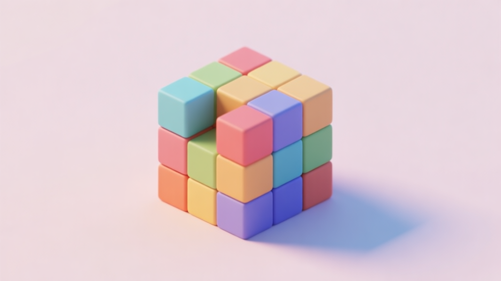 A calming, minimalist 3D render of colorful geometric blocks (Cubies) partially solved in a satisfying arrangement, resting on a soft pastel background, isometric view, soft shadows high quality illustration, detailed, 16:9