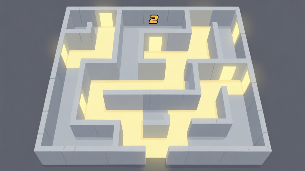 Top-down view of a simple, maze-like Tank Trouble 2 game map with soft grey walls, highlighting different corridor widths and dead ends with soft yellow glow, minimalist style high quality illustration, detailed, 16:9