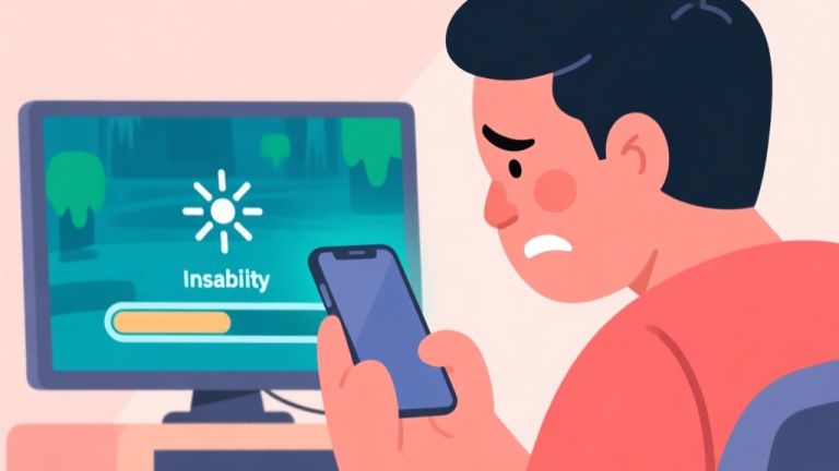 自动生成图片: An illustration showing a frustrated Indonesian gamer looking at a smartphone with a frozen game loading screen, with a simple network connection icon showing instability, in a flat design style with soft colors high quality illustration, detailed, 16:9