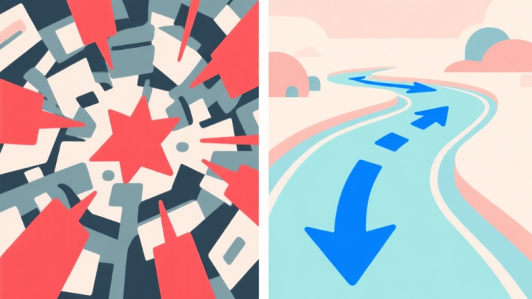 自动生成图片: Side-by-side comparison of a chaotic G-Switch 3 gameplay with red collision marks versus a smooth, flowing path with blue gravity shift arrows, minimalist vector style, soft color palette high quality illustration, detailed, 16:9