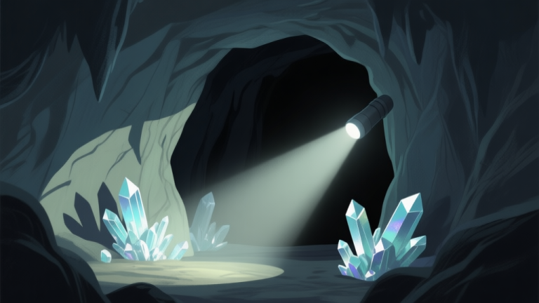 自动生成图片: A dimly lit cave entrance viewed from inside, a single beam of flashlight cutting through the darkness, revealing glinting crystals and ominous shadows on the walls, soft desaturated color palette high quality illustration, detailed, 16:9