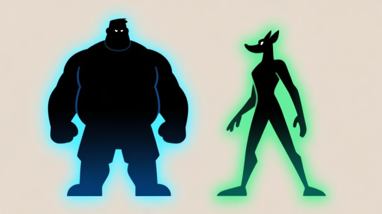 自动生成图片: Side-by-side minimalist character silhouettes of a sturdy, heavy-set figure (Max) and a slender, agile figure (Mink) on a neutral background, with subtle glowing outlines in blue and green respectively, flat design style high quality illustration, detailed, 16:9