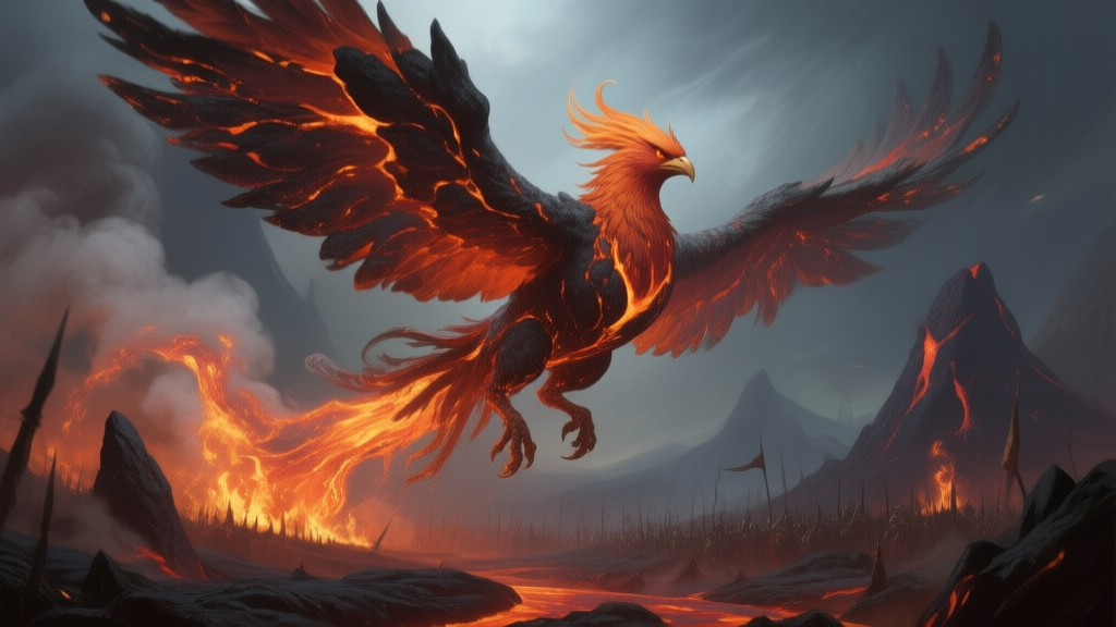A majestic phoenix-like creature made of molten lava and dark volcanic rock, soaring over a fantasy battlefield, with embers and smoke trailing behind it, digital painting style with dramatic lighting high quality illustration, detailed, 16:9