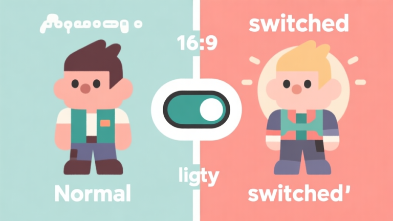 自动生成图片: Side-by-side comparison of a game character in normal state and "switched" state, like light vs heavy, with a prominent toggle button in the center, minimalist vector art, soft color palette high quality illustration, detailed, 16:9