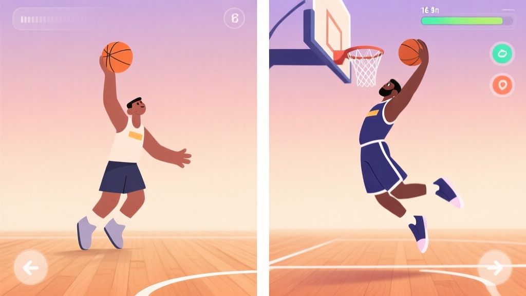 A split-screen illustration showing a basketball game character failing a simple layup on one side, and on the other side, the same character executing a powerful, stylish slam dunk. The background is a soft gradient of court wood colors, with minimalist game UI elements like a stamina bar and button prompts faintly visible. high quality illustration, detailed, 16:9