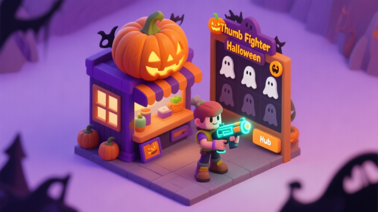 自动生成图片: A stylized, isometric view of a Thumb Fighter Halloween event hub, showing a spooky pumpkin-themed shop interface, a challenge board with ghostly icons, and a player character holding an exclusive glowing weapon, in a soft purple and orange color palette high quality illustration, detailed, 16:9