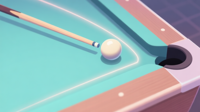 自动生成图片: A top-down view of a minimalist pool table in a digital game, showing the cue ball about to strike an object ball towards a corner pocket, with subtle trajectory lines in a soft glow, pastel color scheme high quality illustration, detailed, 16:9