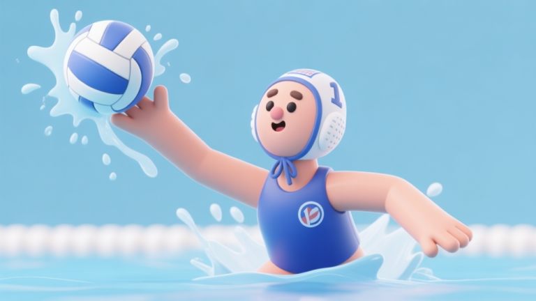 自动生成图片: A humorous, soft-colored 3D render of a ragdoll water polo player mid-action, one arm stretched to catch a ball, water splashing in a stylized manner, soft blue and white palette, flat design style high quality illustration, detailed, 16:9