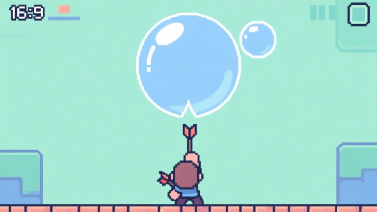 自动生成图片: A top-down view of a simple game screen with a character at the bottom shooting an arrow upwards at a large, bouncing bubble. The bubble is splitting into two smaller ones. Clean vector art, soft pastel colors like light blue and mint green, minimalist arcade style. high quality illustration, detailed, 16:9