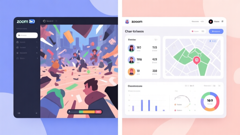 自动生成图片: Dynamic split-screen illustration showing a chaotic Zoom Be 3 gameplay scene on one side, and a clean, analytical dashboard with character stats and map diagrams on the other, using a cohesive soft color palette high quality illustration, detailed, 16:9