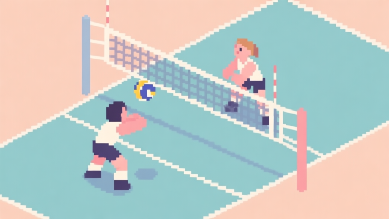 自动生成图片: A minimalist, top-down view of a pixel art volleyball court with two characters mid-action, one preparing to serve and the other in defensive stance, soft pastel colors, clean lines, flat design style high quality illustration, detailed, 16:9