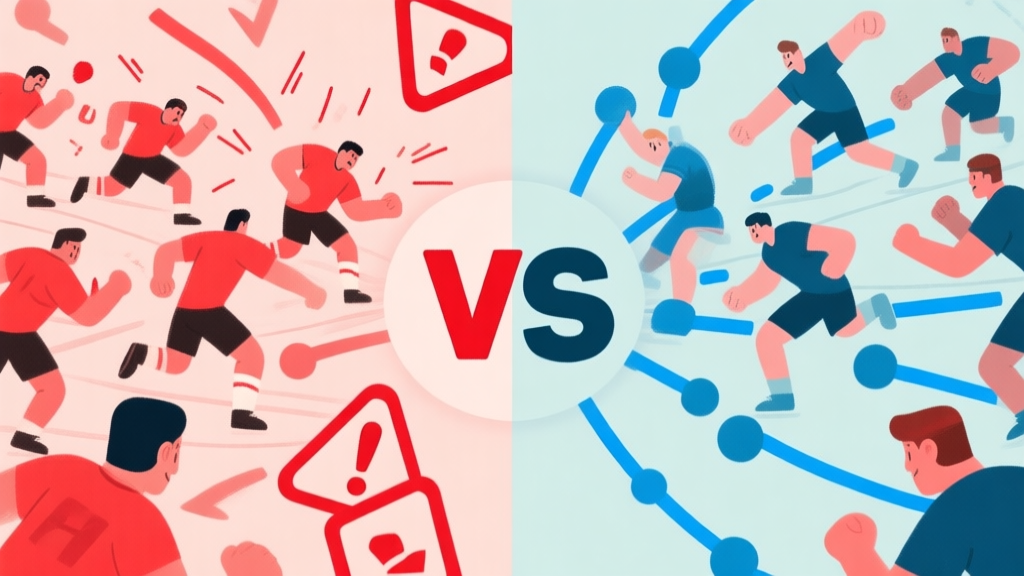 A split-screen illustration showing the contrast between a chaotic, losing team fight with red warning symbols and a coordinated, winning team with blue connection lines, in a soft color palette high quality illustration, detailed, 16:9