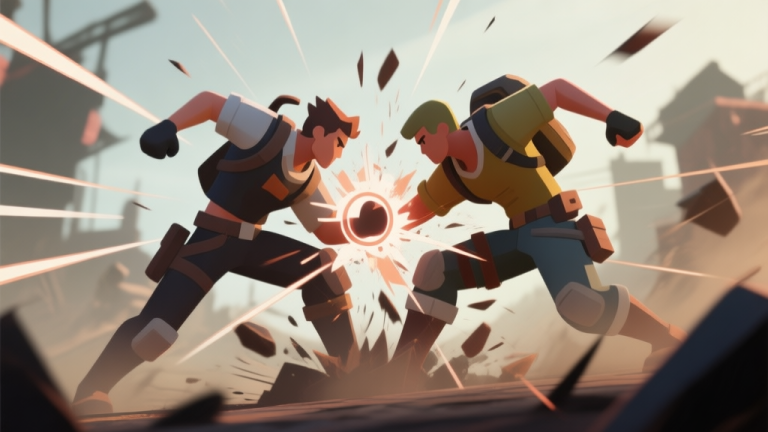 自动生成图片: Dynamic video game scene showing two stylized character models colliding, with exaggerated momentum lines and a subtle hitbox overlay visible, in a muted battle royale color palette high quality illustration, detailed, 16:9