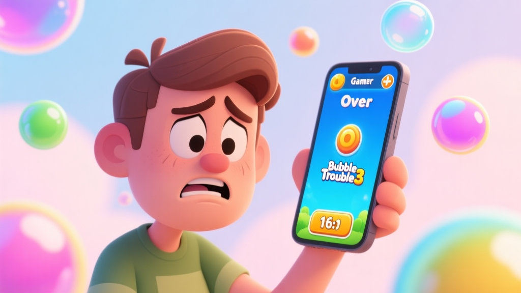 A frustrated player looking at a game over screen on a mobile device, with colorful bubbles from Bubble Trouble 3 floating in the background, soft pastel colors, cartoon style high quality illustration, detailed, 16:9