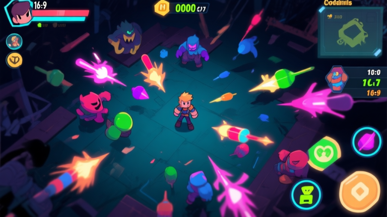 自动生成图片: A chaotic yet readable game screen from a top-down perspective, showing a character surrounded by multicolored enemy projectiles and effects, with a focused UI displaying cooldowns and resources, soft neon glow on a dark background high quality illustration, detailed, 16:9