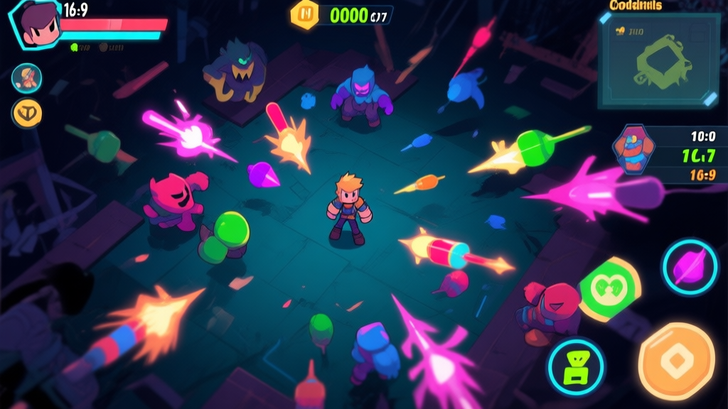 A chaotic yet readable game screen from a top-down perspective, showing a character surrounded by multicolored enemy projectiles and effects, with a focused UI displaying cooldowns and resources, soft neon glow on a dark background high quality illustration, detailed, 16:9