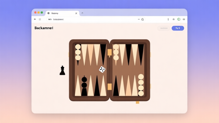自动生成图片: A clean, modern digital backgammon board open in an internet browser window, showing a mid-game position with checkers, dice, and a simple user interface, on a soft gradient background high quality illustration, detailed, 16:9