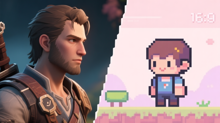 自动生成图片: A split-screen image showing a highly detailed, realistic AAA game character on the left, contrasted with a charming, pixel-art character from an indie game on the right, both looking at each other, in a soft pastel color palette high quality illustration, detailed, 16:9