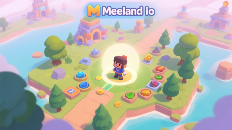 自动生成图片: A top-down view of a colorful Meeland io game map showing a new player character surrounded by resources, trees, and distant player structures, with a soft glow around the starting area, in a gentle pastel color palette high quality illustration, detailed, 16:9
