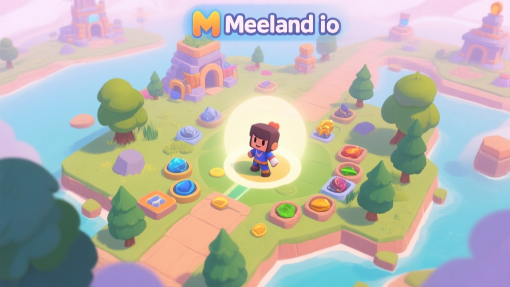 A top-down view of a colorful Meeland io game map showing a new player character surrounded by resources, trees, and distant player structures, with a soft glow around the starting area, in a gentle pastel color palette high quality illustration, detailed, 16:9