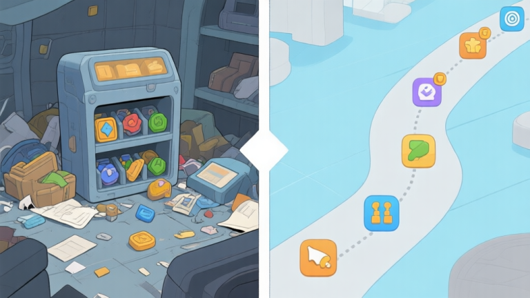 自动生成图片: A split-screen illustration showing a messy game inventory on one side and a clean, organized progression path with icons on the other, using a soft blue and grey color palette high quality illustration, detailed, 16:9