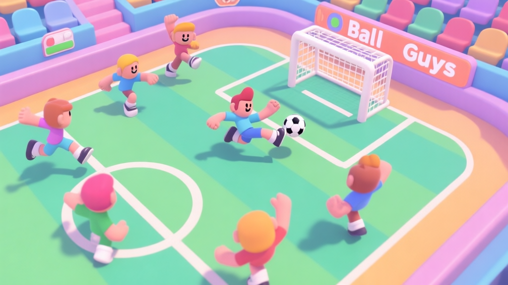 A dynamic, slightly chaotic top-down view of a colorful Ball Guys arena, showing multiple stylized characters in mid-motion, one character precisely kicking a ball towards a goal, soft pastel and vibrant game colors, clean UI elements high quality illustration, detailed, 16:9