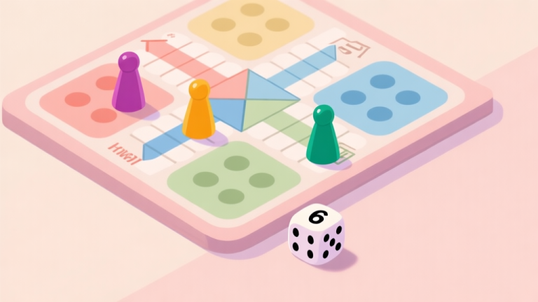 自动生成图片: A top-down view of a Ludo board in soft pastel colors, with four colored tokens strategically positioned near the home stretch, a single dice showing the number 6 resting beside the board, minimalist illustration style high quality illustration, detailed, 16:9