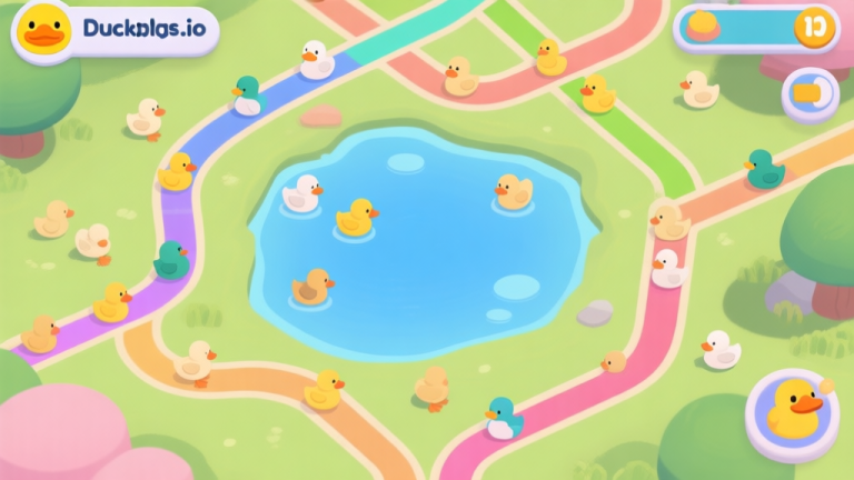 自动生成图片: Top-down view of a Ducklings.io game map showing multiple colored duckling trails converging and splitting, a large central pond, and scattered neutral ducklings, in a bright, playful cartoon style with soft pastel colors high quality illustration, detailed, 16:9
