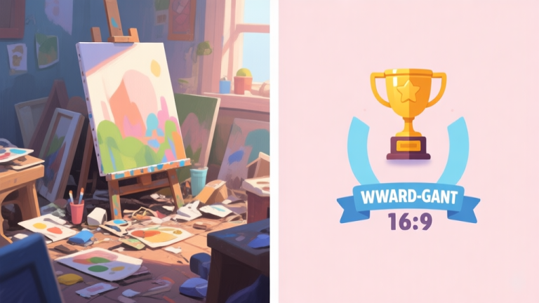 自动生成图片: A split-screen image showing a messy, cluttered canvas on one side and a clean, award-winning game fan art on the other, with a trophy icon hovering over the latter, soft pastel colors, digital painting style high quality illustration, detailed, 16:9