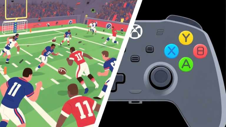 自动生成图片: Split-screen illustration showing a chaotic in-game football match on one side and a calm, strategic controller overlay with highlighted buttons on the other, in a muted color scheme with accents of team jersey colors high quality illustration, detailed, 16:9