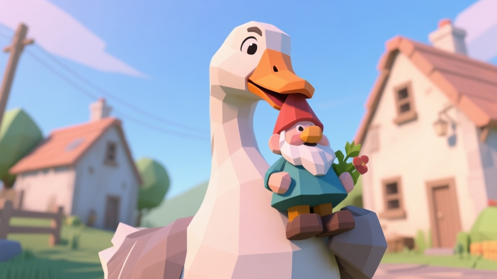 A mischievous digital goose in a simple, peaceful village setting, seen from a low angle, holding a stolen garden gnome in its beak, soft pastel colors, charming low-poly art style high quality illustration, detailed, 16:9