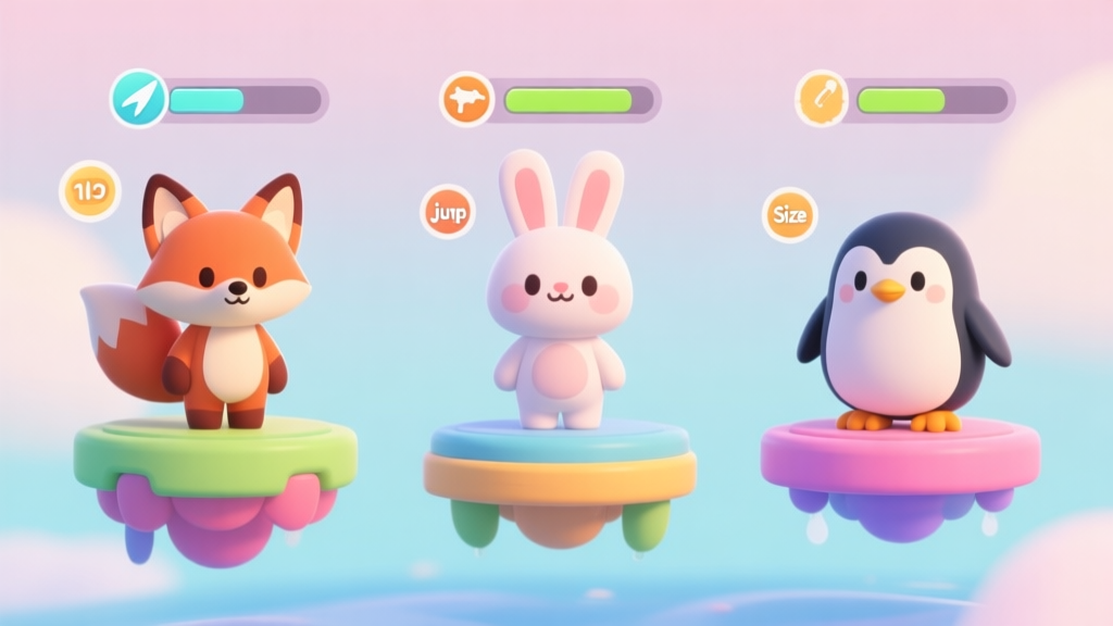 A side-by-side comparison of stylized, cute animal game avatars (a fox, a rabbit, a penguin) standing on colorful floating platforms, with subtle stat icons like speed, jump, and size hovering above each, soft pastel color palette high quality illustration, detailed, 16:9