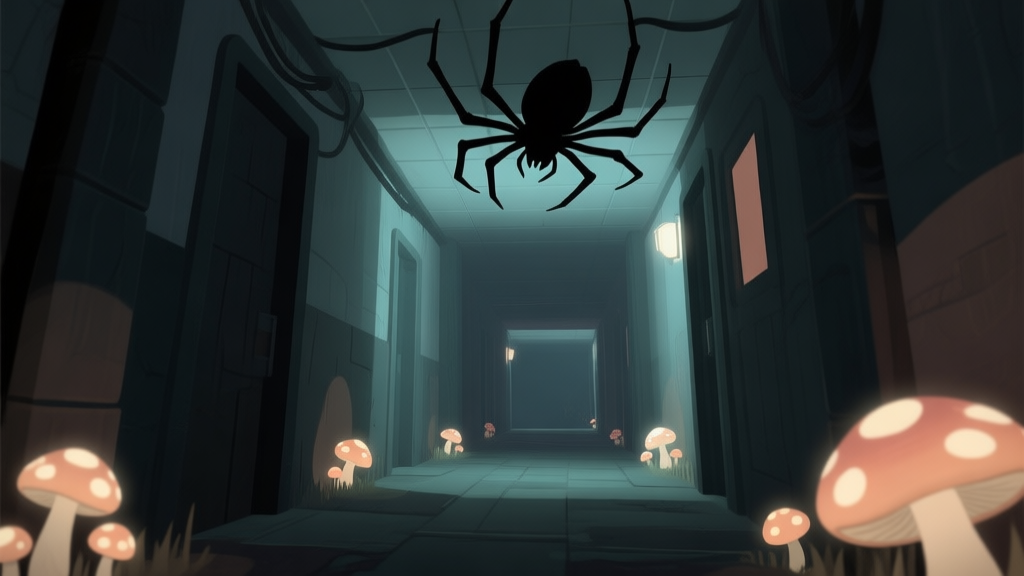 A dark, atmospheric game corridor with soft glowing fungus, a large, shadowy spider silhouette crawling on the ceiling, viewed from a low, player-like perspective, muted colors, soft lighting high quality illustration, detailed, 16:9