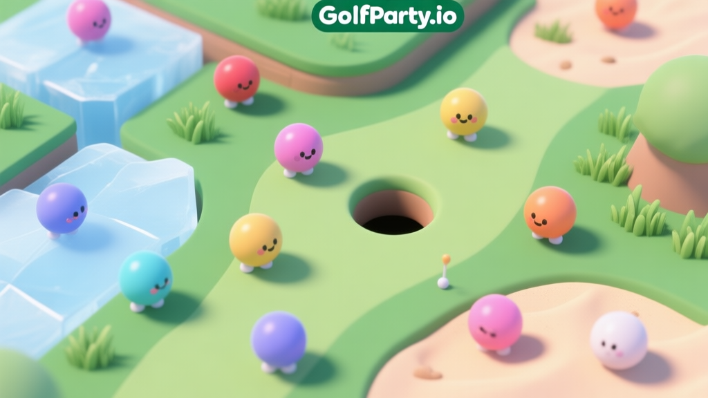 A cute, minimalist 3D render of a GolfParty.io game scene from a top-down perspective, showing multiple colorful ball characters on various terrains like grass, ice, and sand, with a small hole in the center, soft pastel colors, clean shadows high quality illustration, detailed, 16:9