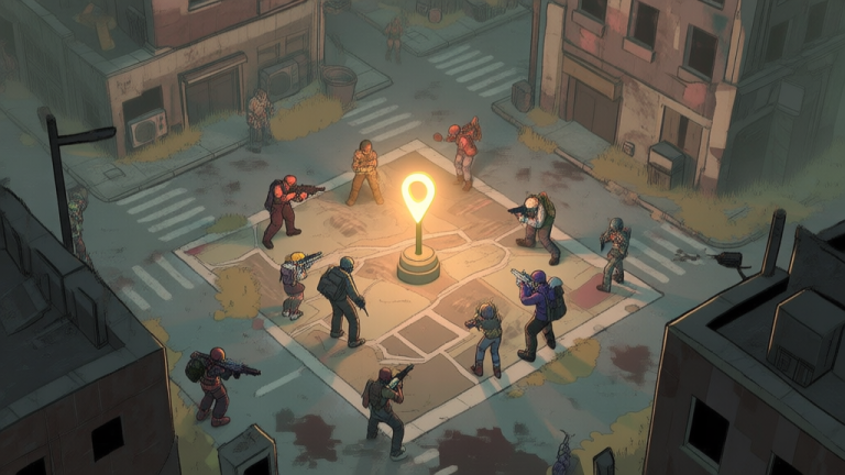 自动生成图片: A top-down tactical view of a gritty, post-apocalyptic urban map in a video game, showing a glowing rally point beacon surrounded by diverse player characters taking defensive positions, with soft highlights and a muted color palette high quality illustration, detailed, 16:9