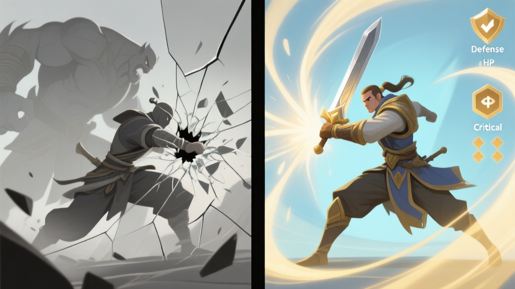 A stylized, split-screen illustration. Left side shows a fragile-looking swordmaster being shattered by a boss attack, in muted greys. Right side shows a balanced, resilient swordmaster confidently blocking an attack, with a soft glow of stats like Defense, HP, and Critical swirling around, in gentle blues and golds. high quality illustration, detailed, 16:9