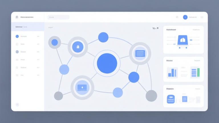 自动生成图片: A clean, minimalist digital dashboard interface showing connected circles and nodes in soft blue and grey tones, representing a unified control panel for various digital assets high quality illustration, detailed, 16:9