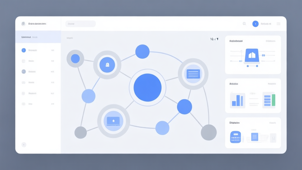 A clean, minimalist digital dashboard interface showing connected circles and nodes in soft blue and grey tones, representing a unified control panel for various digital assets high quality illustration, detailed, 16:9