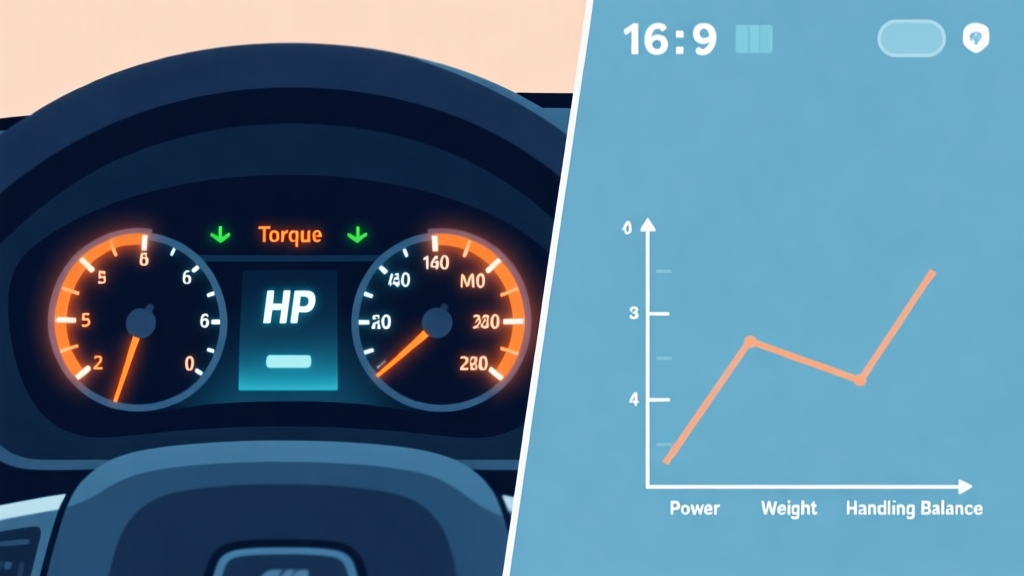 A split-screen illustration showing a car dashboard on one side with HP and Torque gauges lighting up, and a simple graph on the other side showing the relationship between power, weight, and handling balance, in a clean video game HUD style with soft blue and orange accents high quality illustration, detailed, 16:9