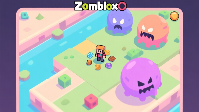 自动生成图片: Top-down view of a colorful Zomblox.io game map showing a small character surrounded by resources and larger enemy blobs, soft pastel colors, minimalist game art style high quality illustration, detailed, 16:9